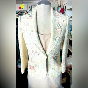 Moiselle Cream Frayed-Detail Tweed Suit Jacket Floral Button Down Blazer Size 36